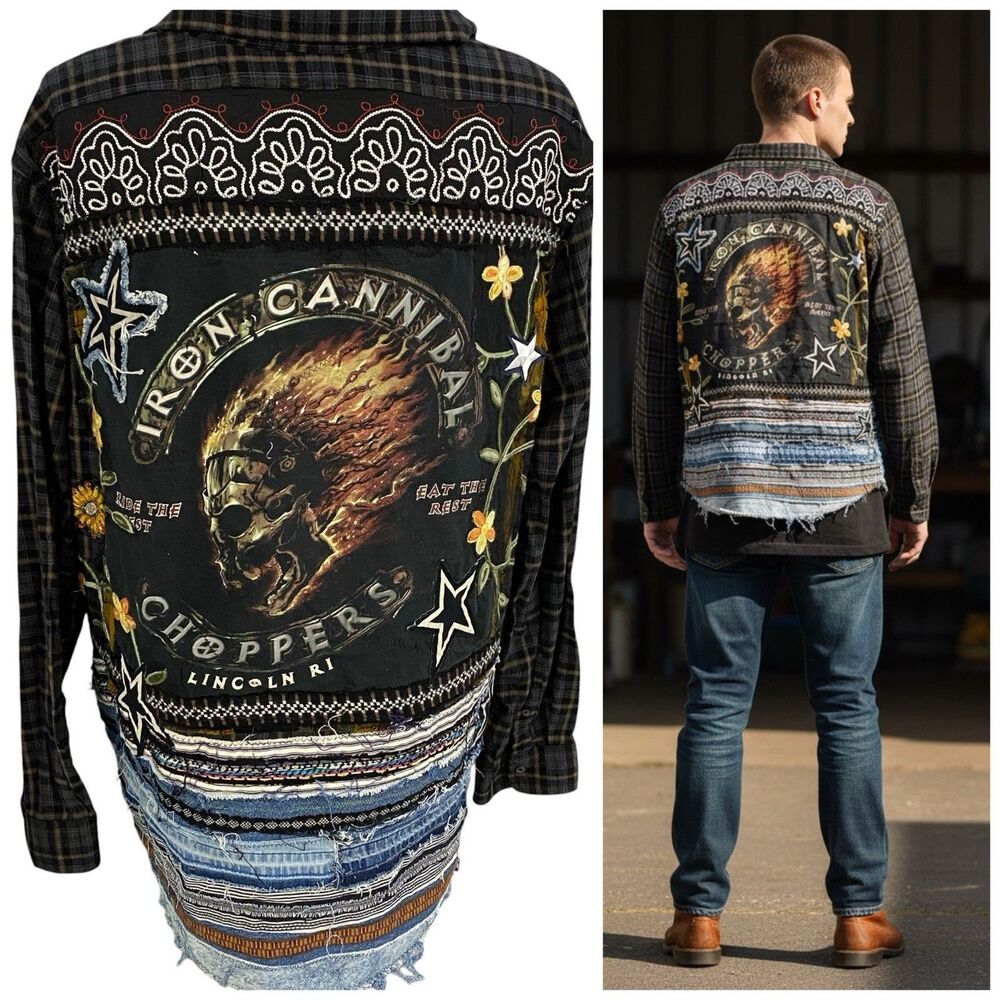 Upcycled Iron Cannibal Choppers Flannel Jacket Mens 3XLT Biker Grunge Goth Metal